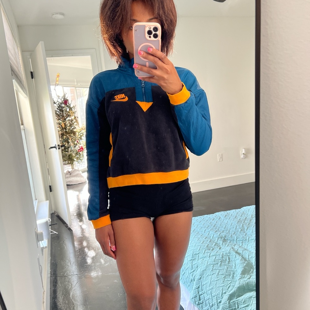 Nike Women's Blue and Black Sweater with Orange